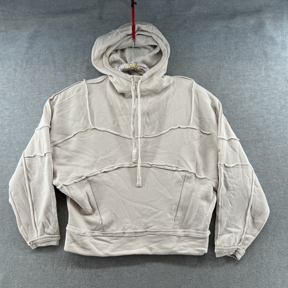 Alo Women's Off White Pullover Hoodie Logo Pockets Fleece Cotton Blend Size L